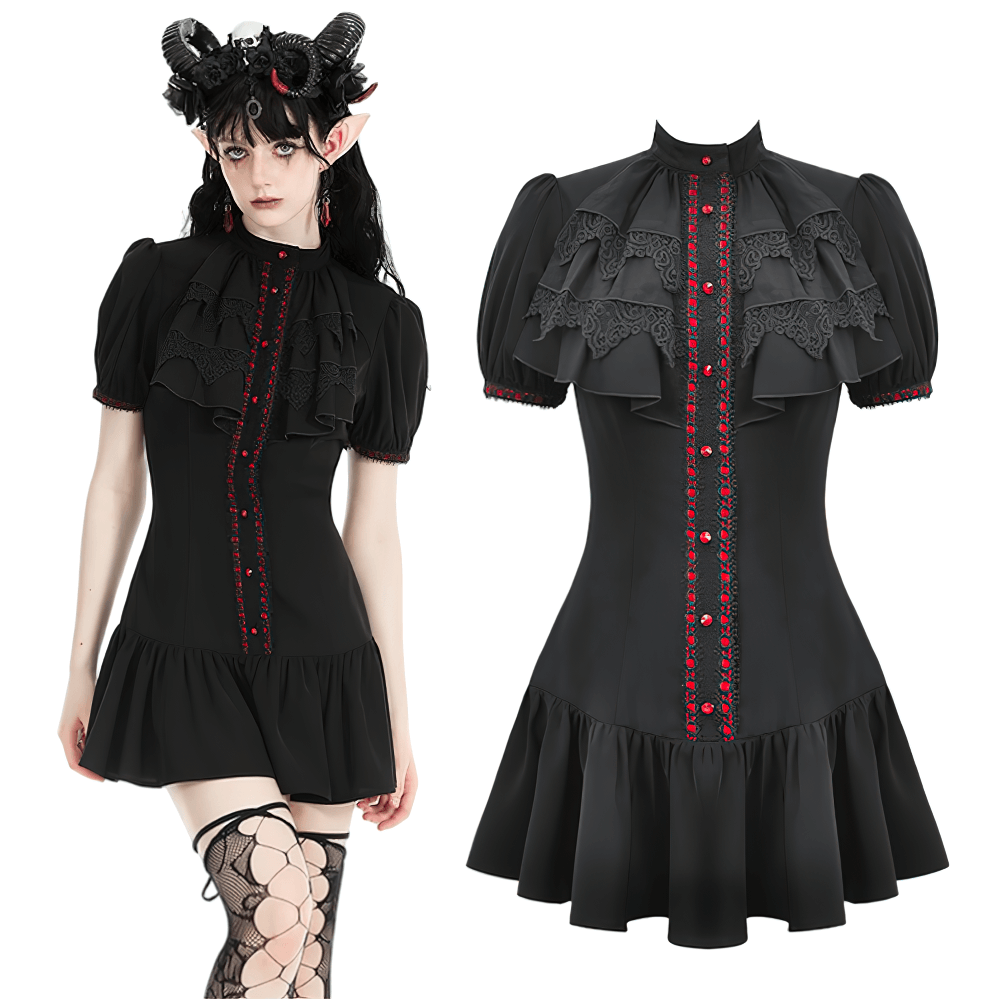 Women's Gothic Puff Sleeves Ruffle Mini Dress with Buttons