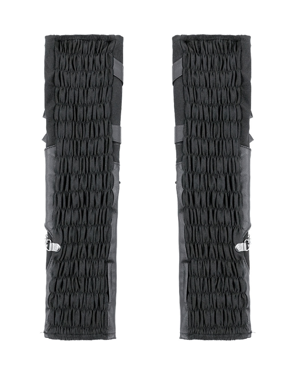 Women's Gothic Punk Arm Warmers with Metal Chains black fingerless gauntlets with faux leather panels and buckle detail
