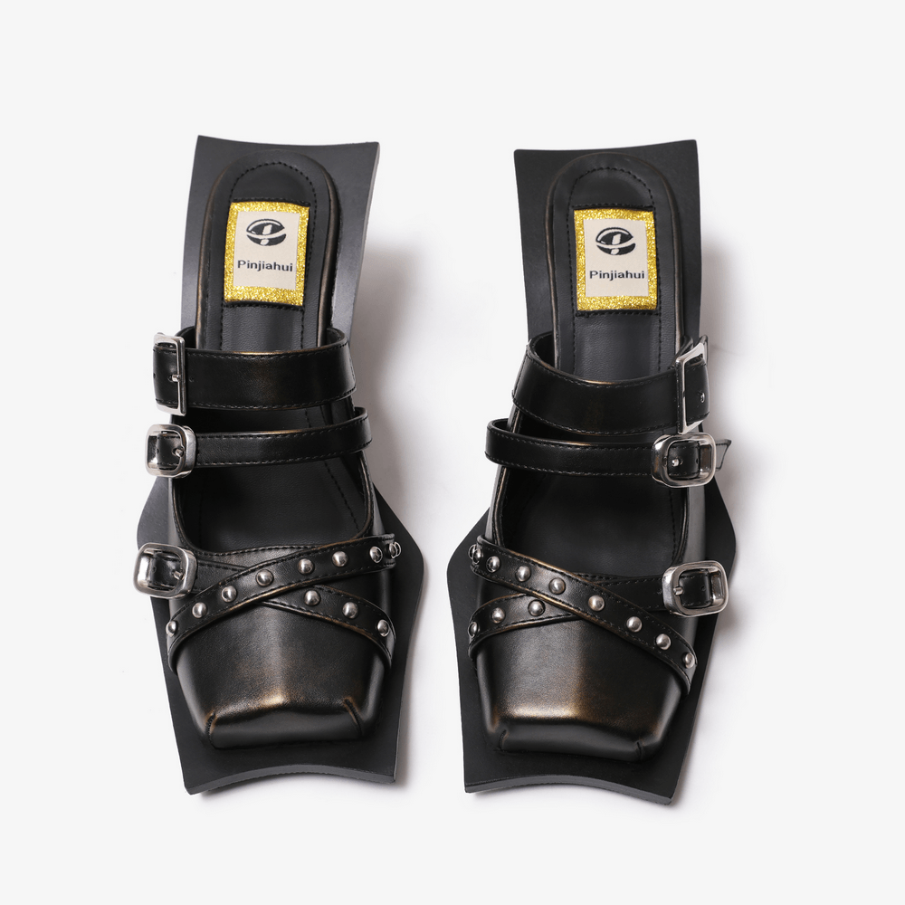Women's Gothic Punk Buckle Strap Studded Heeled Mules with square toes and silver studs, black slip-on goth sandals