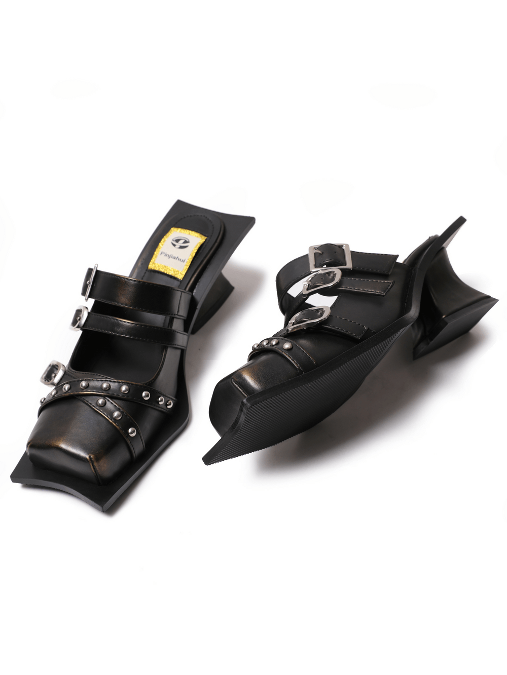 Women's Gothic Punk Buckle Strap Studded Heeled Mules in black with square toes, silver studs, and sculptural heels.