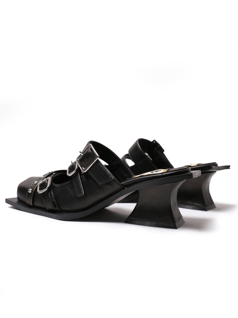 Women's Gothic Punk Buckle Strap Studded Heeled Mules, black square-toe slip-on mules with sculptural heels and silver studs