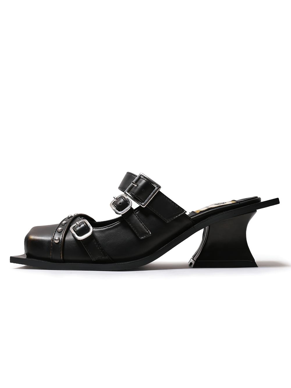 Women's Gothic Punk Buckle Strap Studded Heeled Mules, black square-toe slip-on mules with buckle straps and sculptural heels