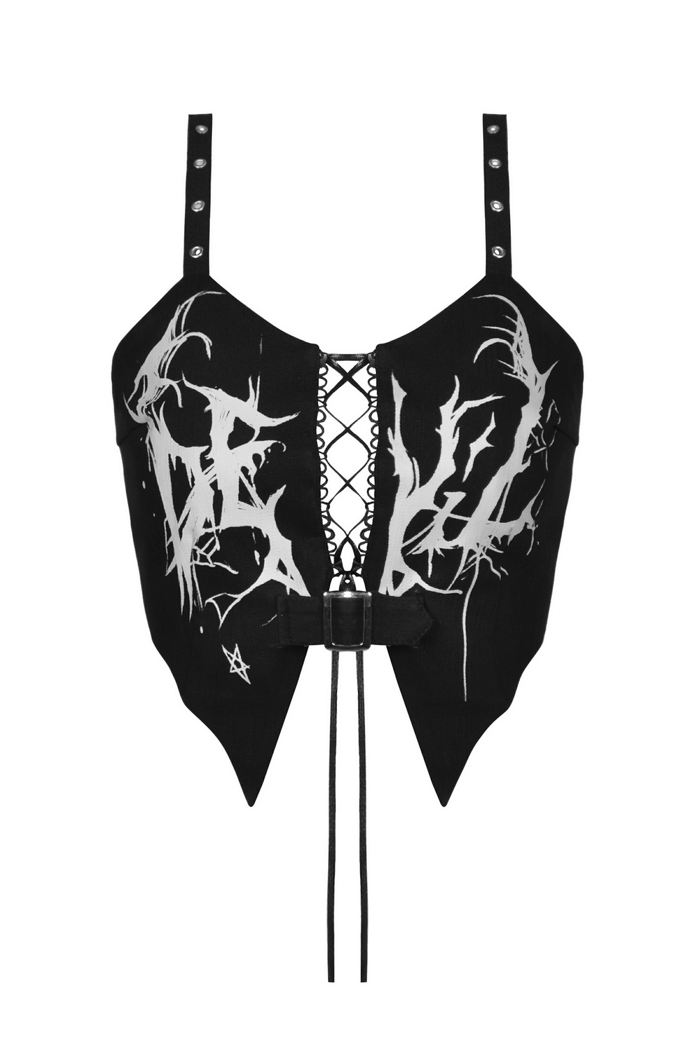 Women's gothic punk black lace-up crop top with edgy print and adjustable straps.