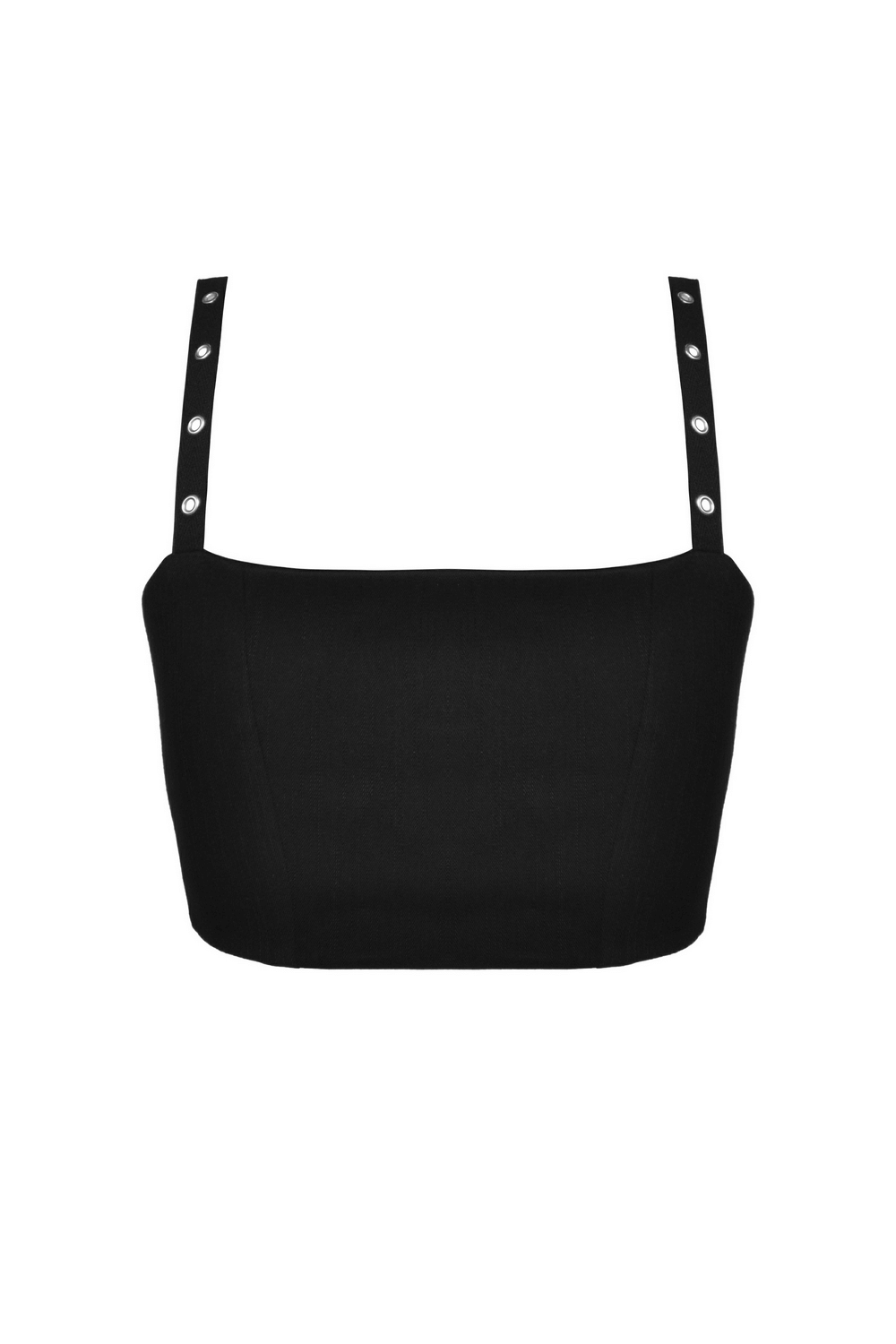 Women's black gothic punk crop top with lacy straps and stylish buttons.