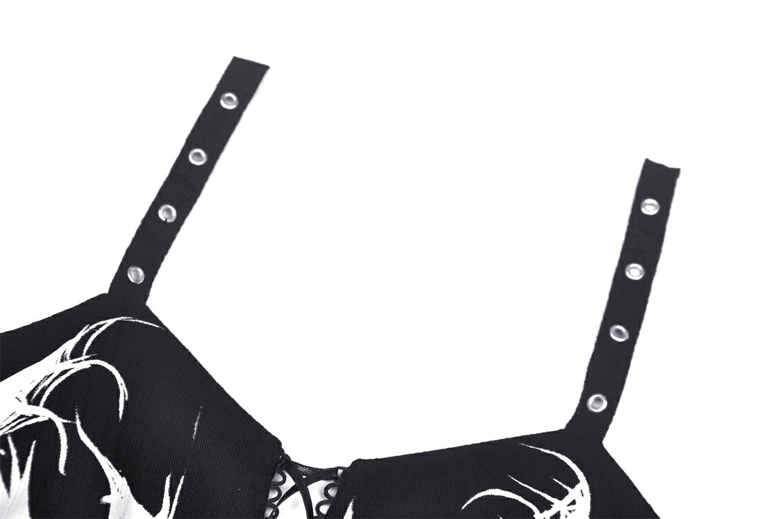 Close-up of the adjustable straps and lace-up detail of a Women's Gothic Punk Crop Top in black.