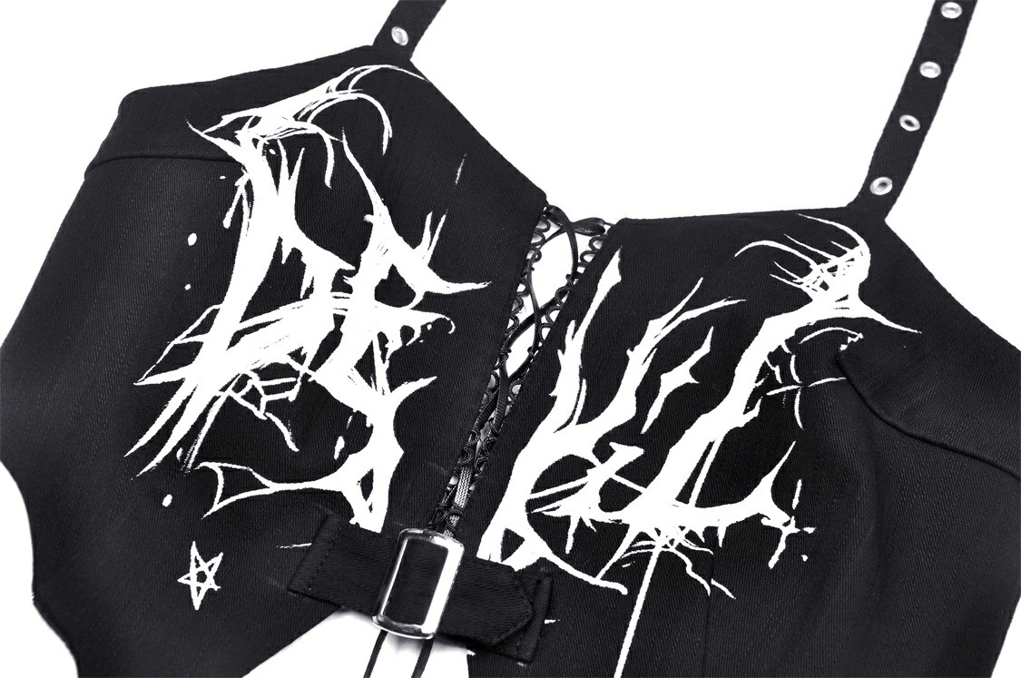 Edgy black gothic punk crop top with dramatic lace-up front and striking white print design.