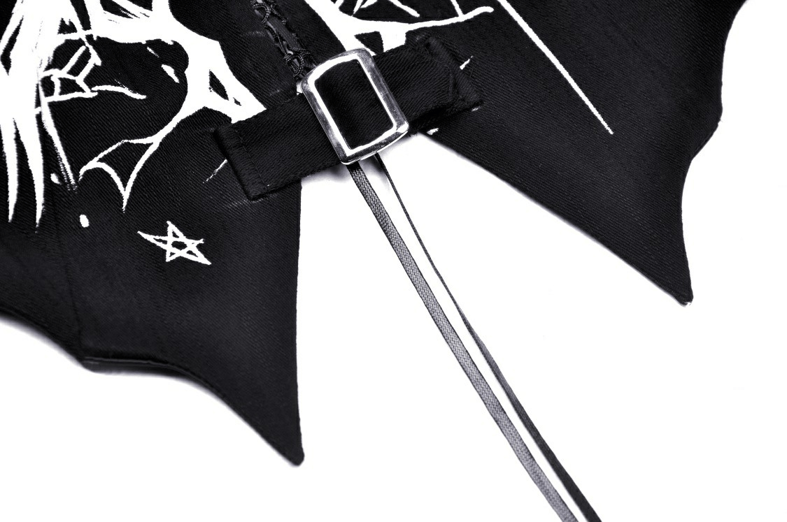 Close-up of black gothic punk crop top lace-up design with print and adjustable buckle detail.