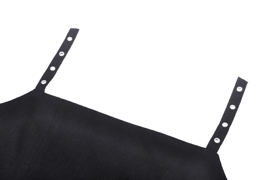 Black crop top straps with silver snap buttons, perfect for a gothic punk style outfit.