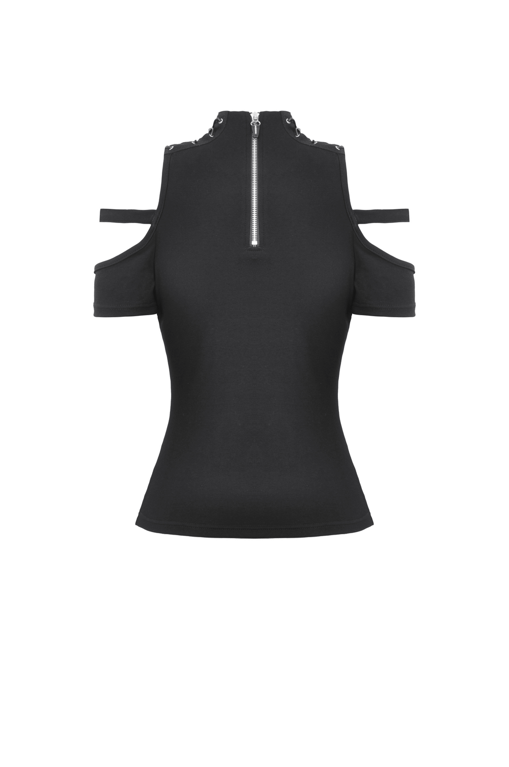 Women's gothic punk black mesh cutout top with choker neckline and bold cold shoulder design.