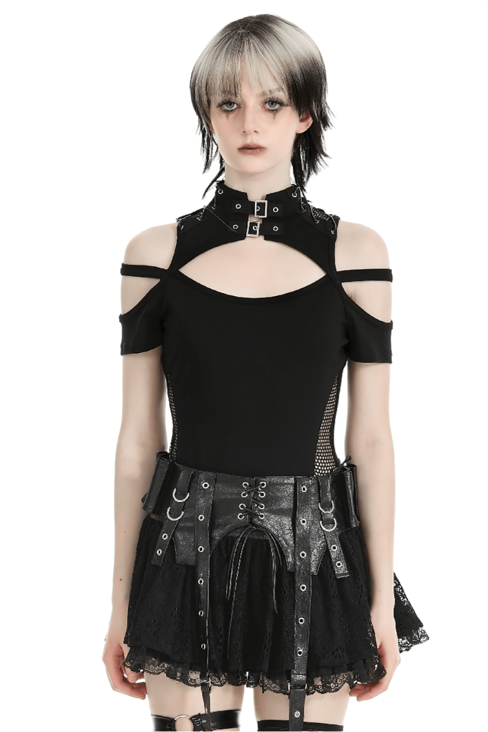 Women's Gothic Punk Mesh Cutout Top in black with choker style, perfect for edgy outfits and nights out.