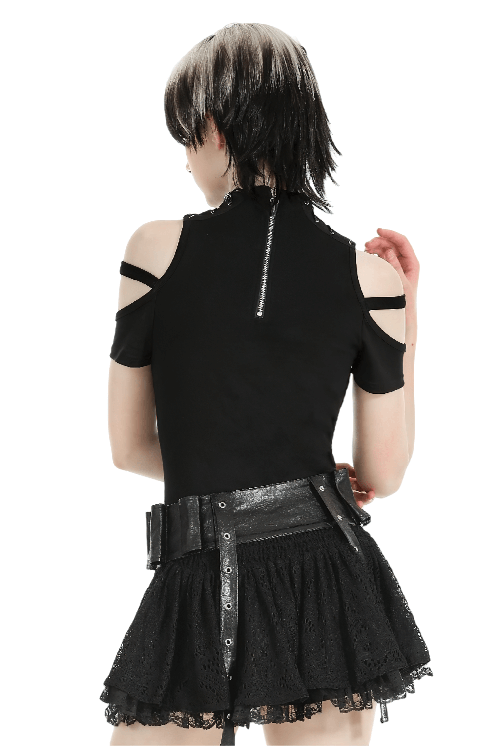 Back view of women's gothic punk black mesh cutout top with edgy design and choker neckline, paired with a flared skirt.