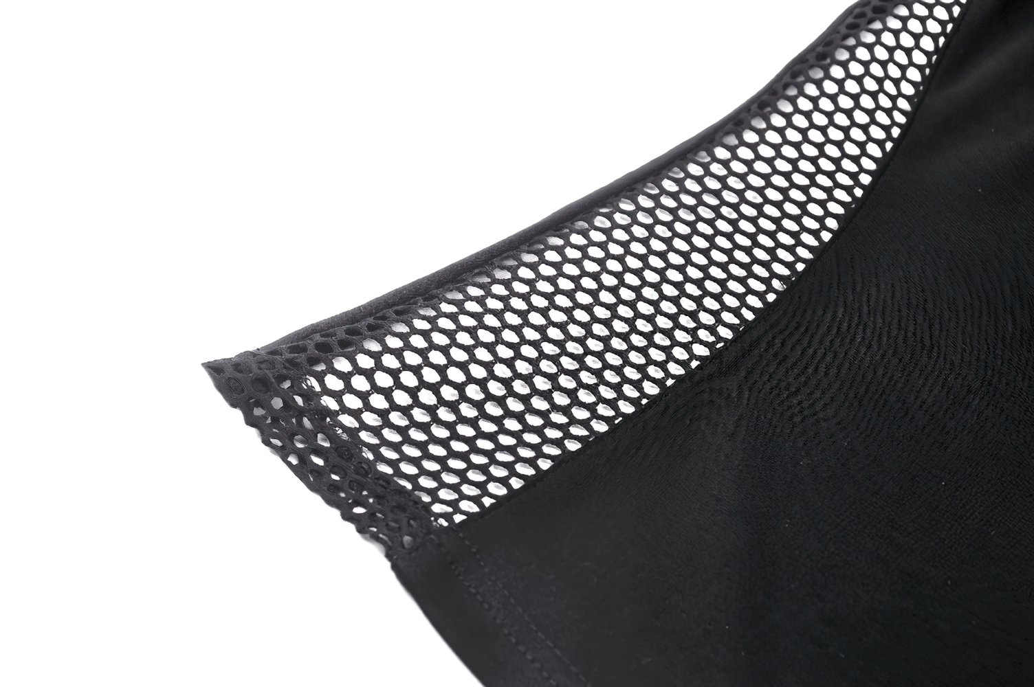 Close-up of the stylish black mesh cutout top's neckline, showcasing punk-inspired design and edgy details.