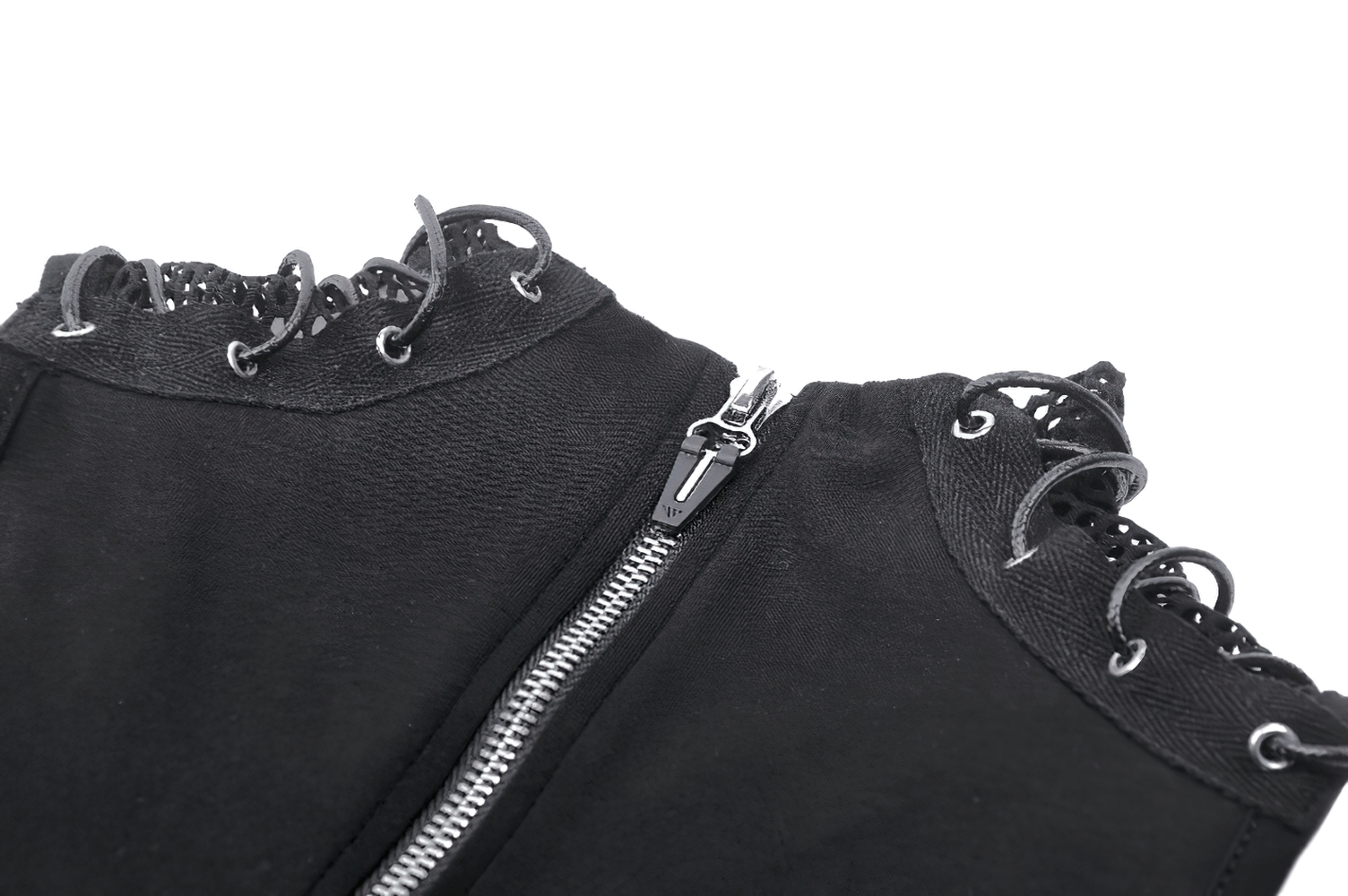 Close-up of a black gothic punk mesh cutout top, showcasing intricate lace detailing and a stylish zipper.