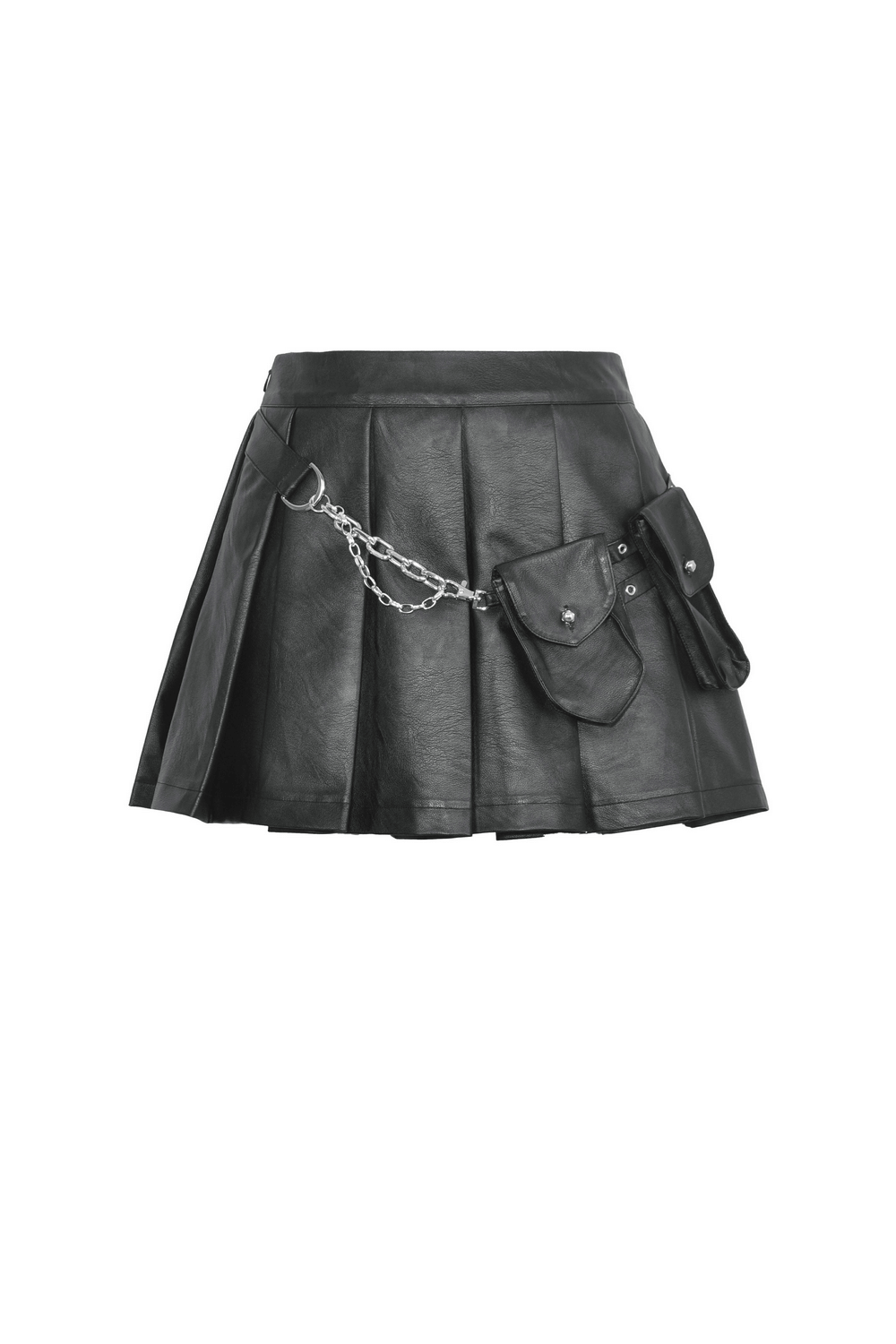 Women's Gothic Punk Mini Skirt with chain and side pockets, pleated design for edgy style.