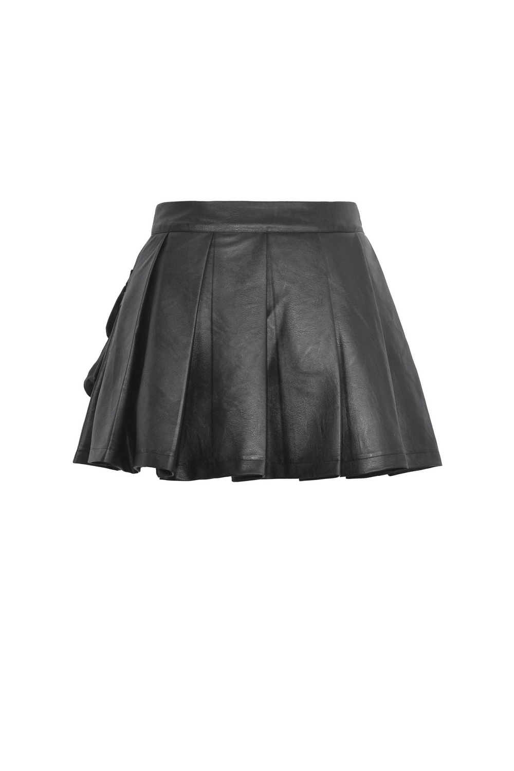 Women's black gothic punk mini skirt with pleats, chain accents, and side cargo pockets.