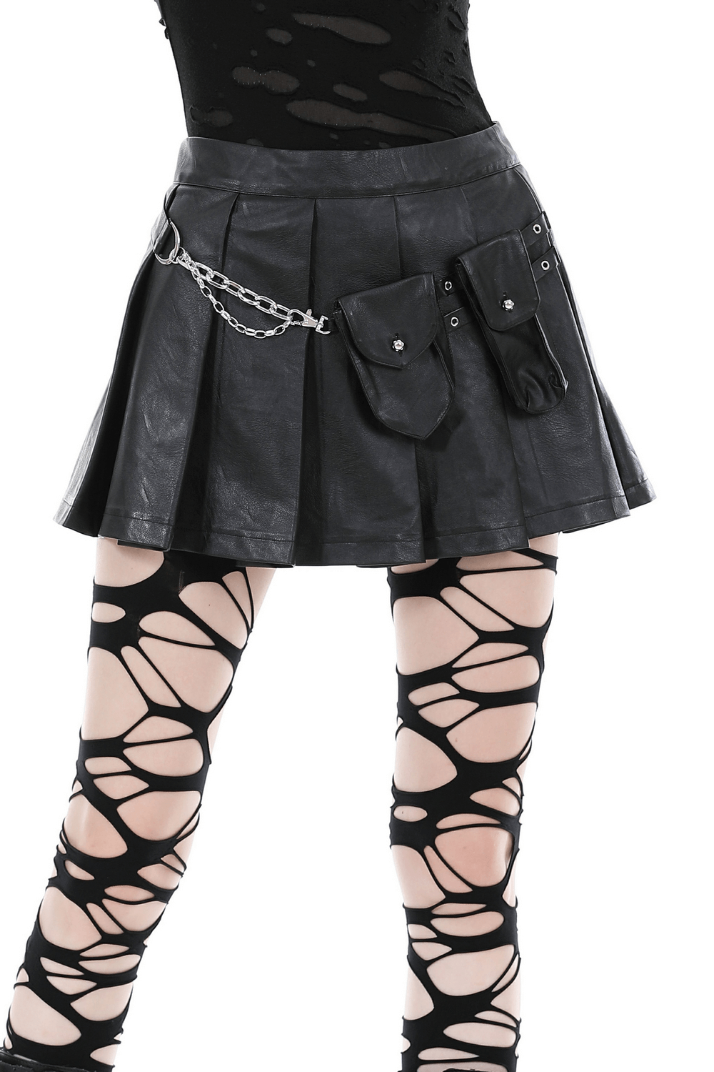 Edgy women's gothic mini skirt with chain and side pockets, designed for a punk rock aesthetic.