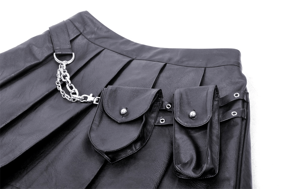 Black pleated Gothic punk mini skirt featuring chain accents and functional side cargo pockets.