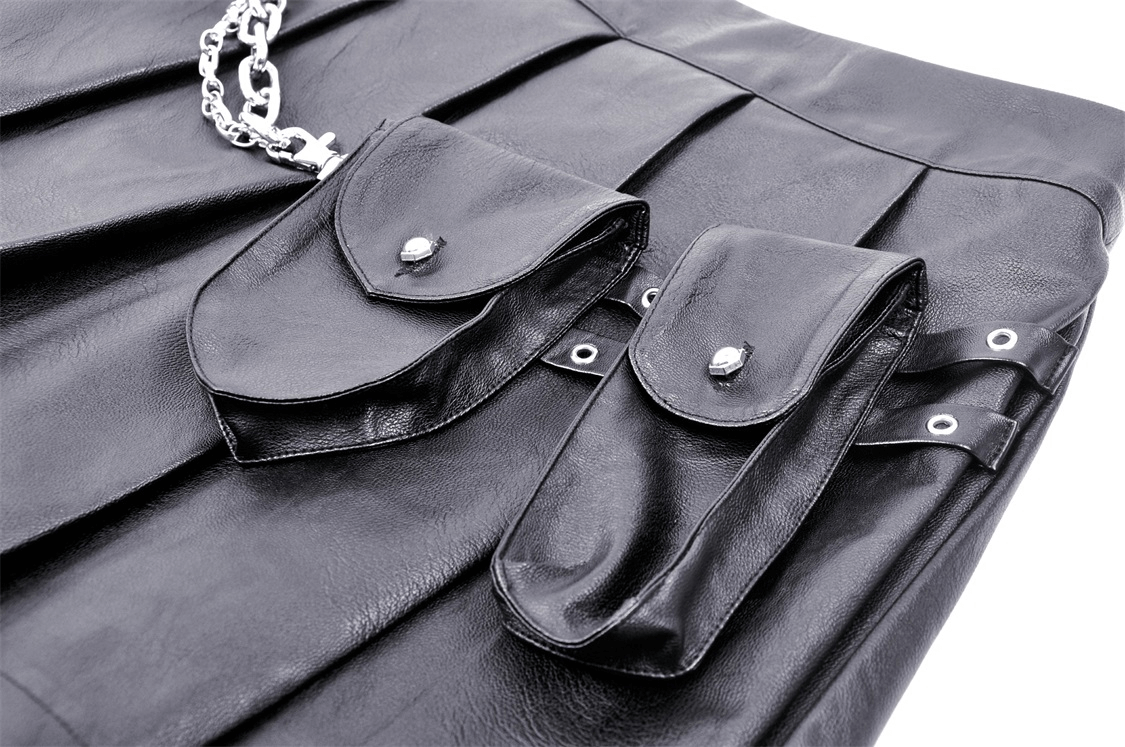 Close-up of Women's Gothic Punk Mini Skirt with chain and side pockets, showcasing pleated black fabric and edgy design.