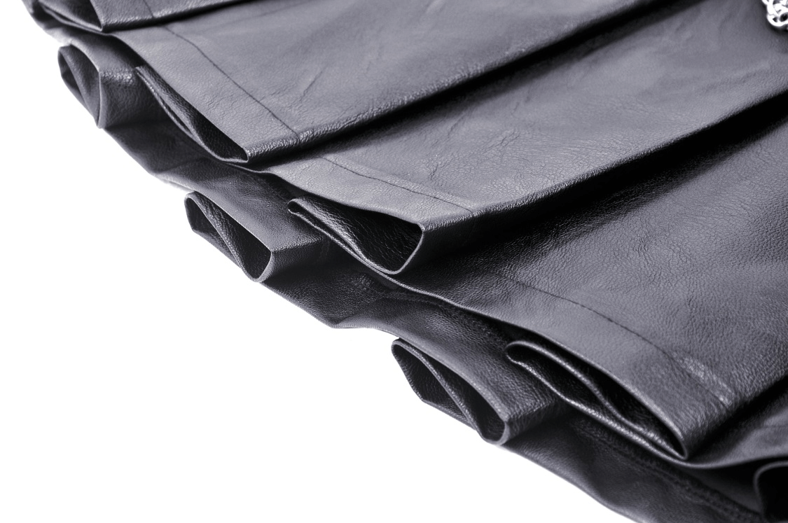 Black pleated mini skirt showcasing edgy style with chain accents and smooth material.