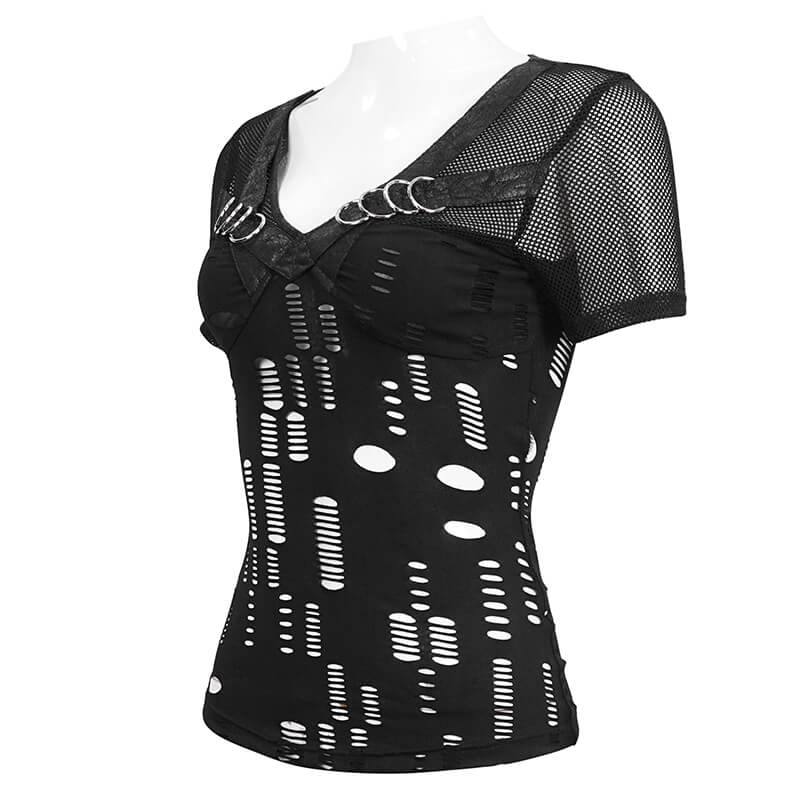 Women's black gothic ripped mesh T-shirt with unique hole pattern and edgy design, perfect for punk style lovers.
