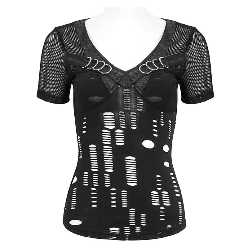 Women's Gothic Black Ripped Mesh T-Shirt with Short Sleeves and Unique Hole Design
