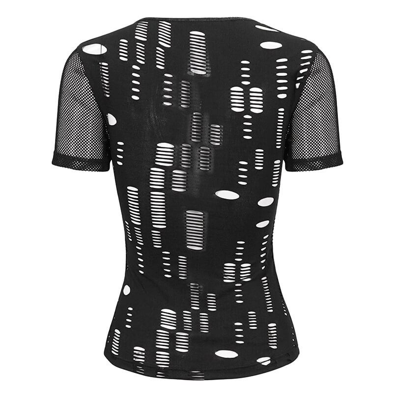Women's black gothic ripped mesh T-shirt with unique hole pattern and short sleeves - perfect for punk fashion lovers.