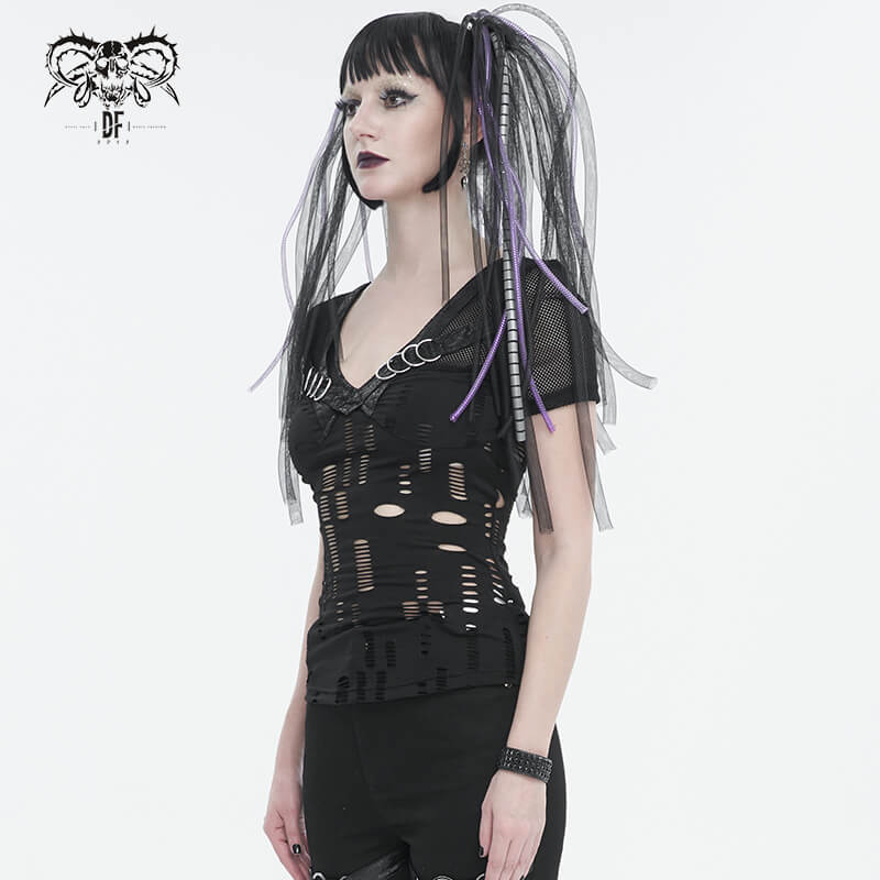 Women's black gothic ripped mesh T-shirt with artistic holes and short sleeves, styled for punk fashion enthusiasts.