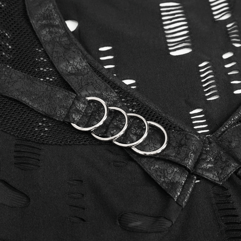 Close-up of women's gothic ripped mesh T-shirt details, featuring bold rips and metal rings in black punk style.