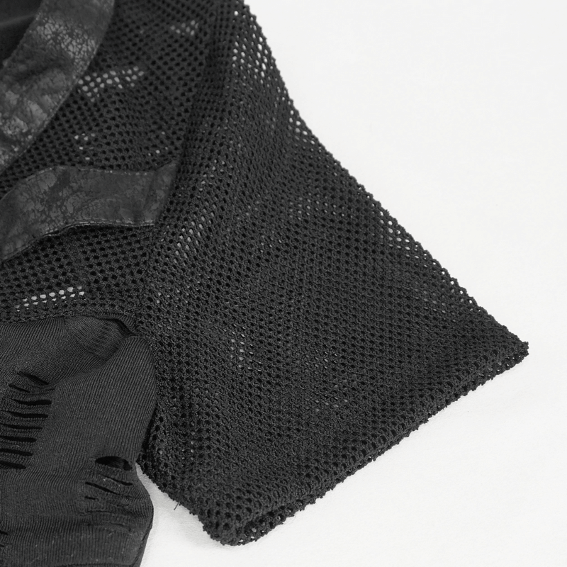Black women's ripped mesh T-shirt showcasing a punk hole design and stylish short sleeves.