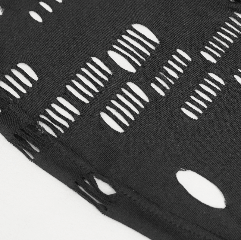 Close-up of black ripped mesh fabric showcasing edgy hole patterns for women's punk T-shirt.