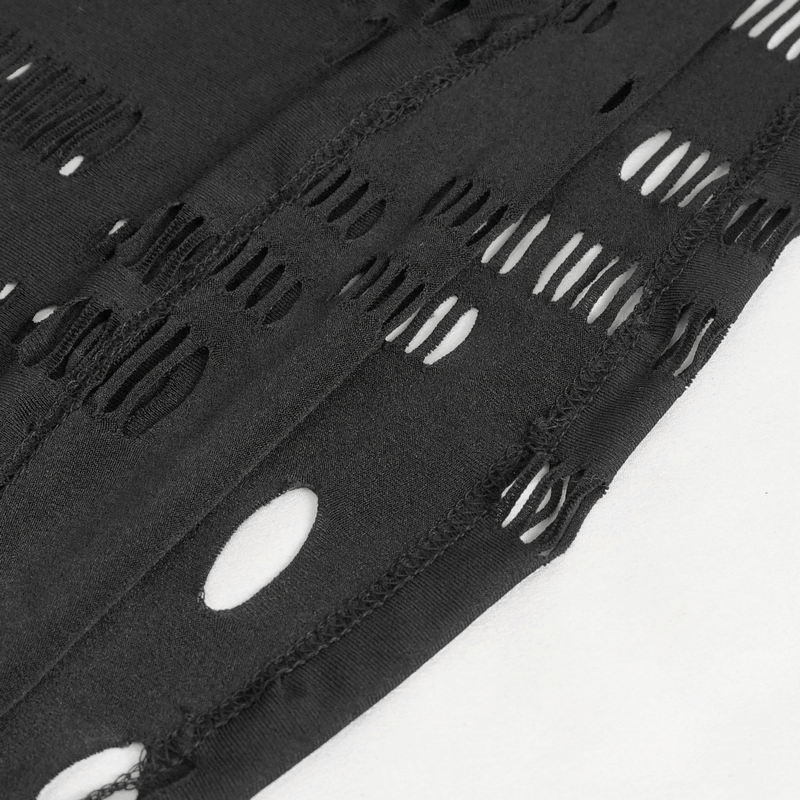 Close-up of black women's ripped mesh T-shirt showcasing bold hole patterns and punk aesthetic details.