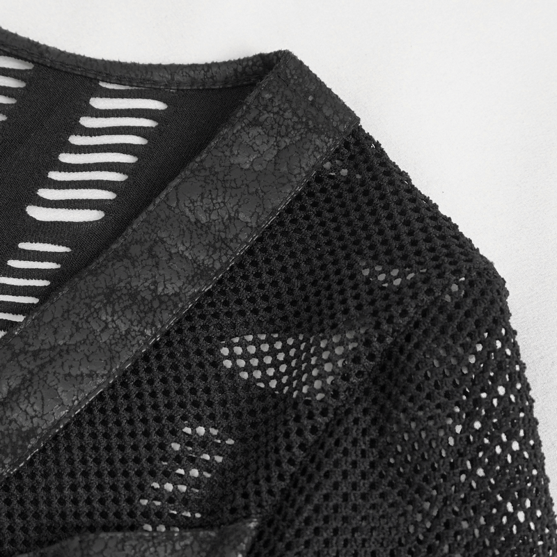 Close-up of black mesh fabric featuring unique rips, showcasing gothic punk style for women's fashion.