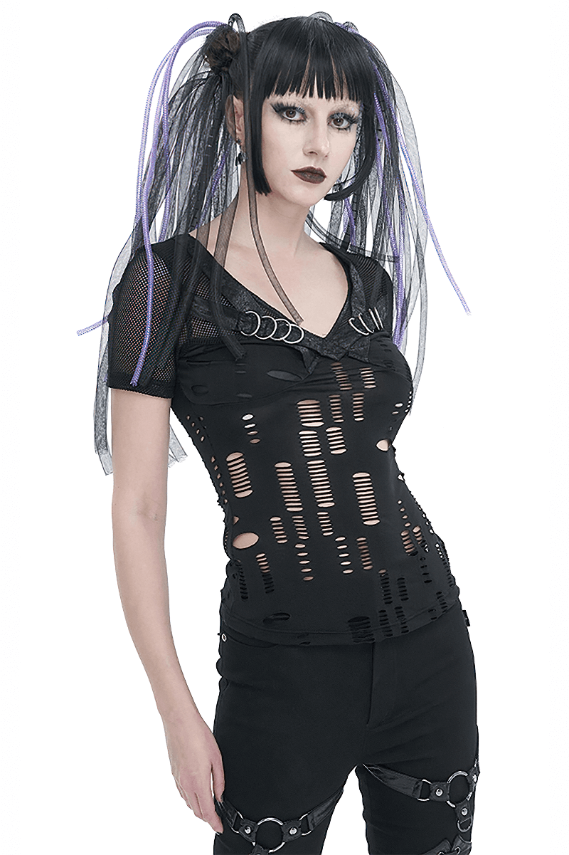 Model wearing women's black gothic ripped mesh T-shirt with punk style holes and short sleeves, showcasing edgy fashion.