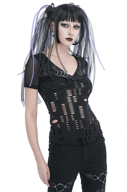 Women's Gothic Ripped Mesh T-Shirt / Black Punk Hole Short Sleeves T-Shirt for Ladies