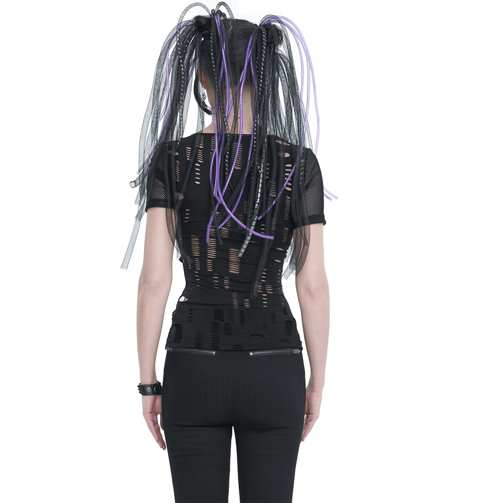 Women's Gothic Ripped Mesh T-Shirt / Black Punk Hole Short Sleeves T-Shirt for Ladies - HARD'N'HEAVY