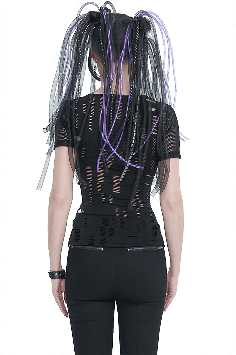 Back view of women's black gothic ripped mesh T-shirt with punk aesthetic, styled with unique hair extensions.