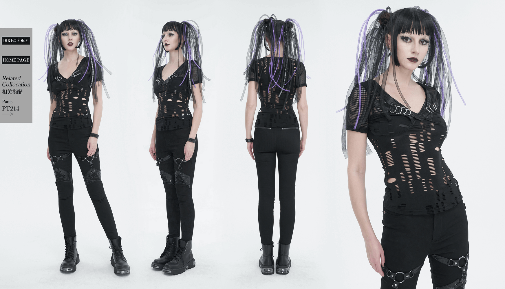 Damen Gothic Ripped Mesh T-Shirt / Schwarzes Punk Hole T-Shirt mit kurzen Ärmeln für Damen