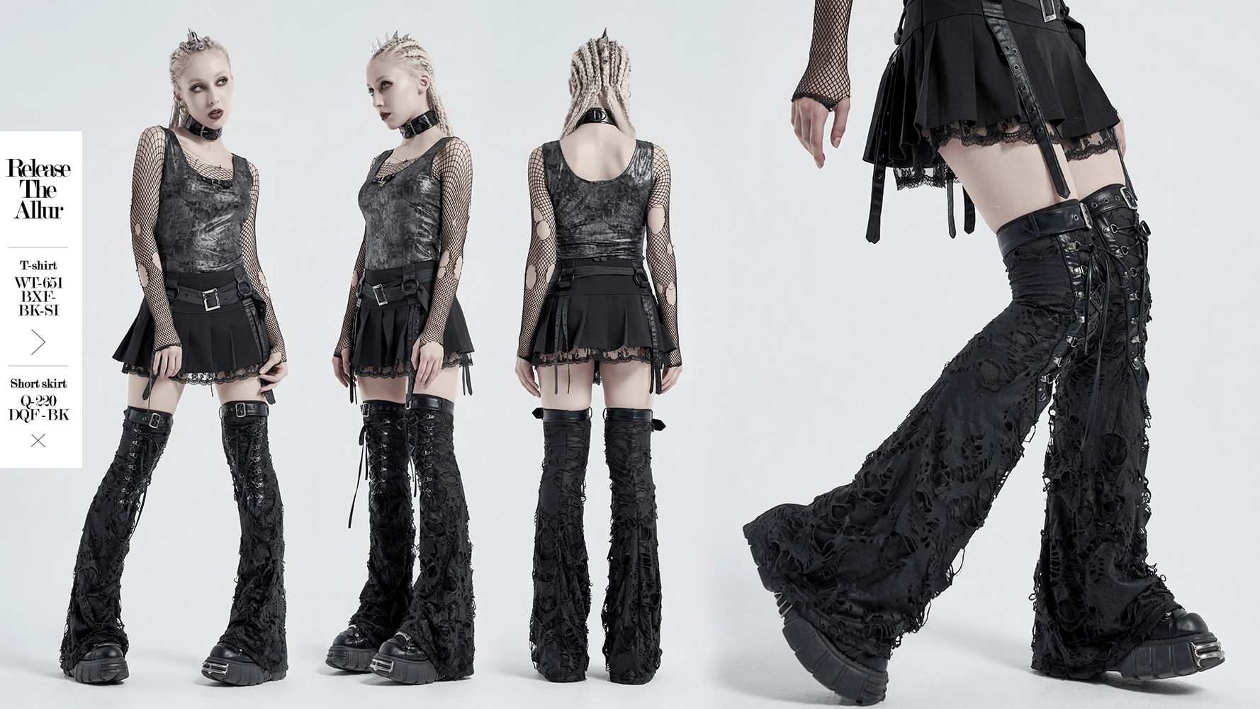 Women’s gothic ripped strappy long leg warmers in black, featuring adjustable D-ring closures and A-line swing design.