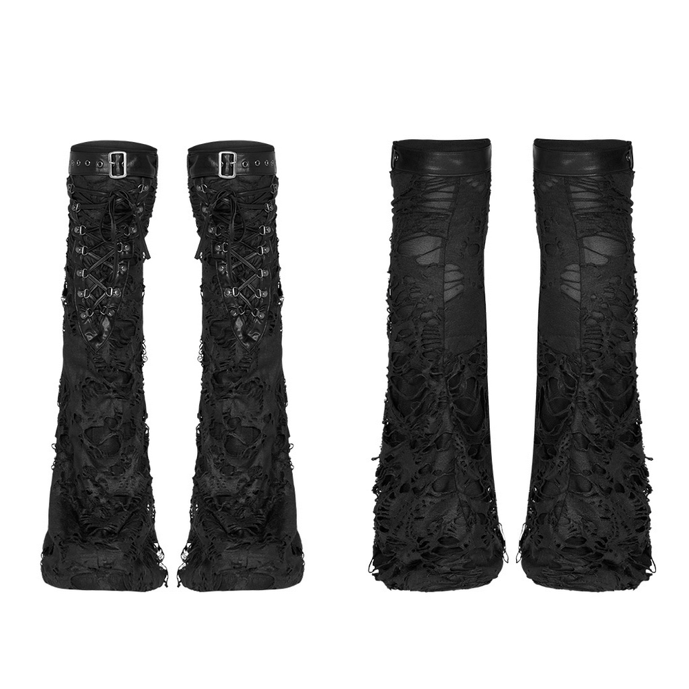 Women's Gothic Ripped Strappy Long Leg Warmers with adjustable D-ring closures and elastic knit fabric.
