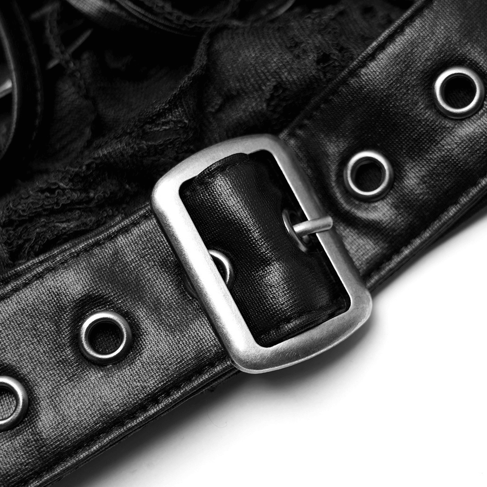 Close-up of black strappy buckle detail on gothic leg warmers, showcasing adjustable D-ring closures and sturdy eyelets.