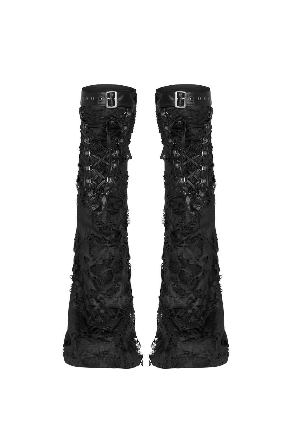 Black Gothic Ripped Strappy Long Leg Warmers for Women, featuring lace-up design and adjustable D-ring closures.