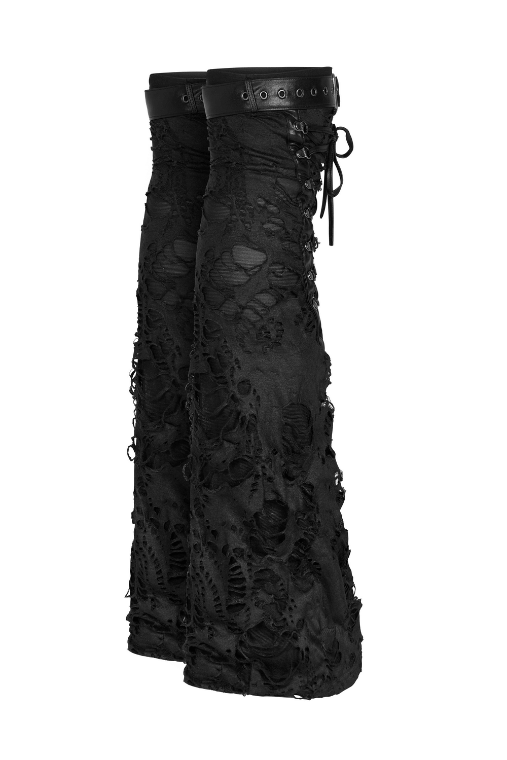 Black gothic ripped strappy long leg warmers for women, featuring a unique A-line design and customizable fit.