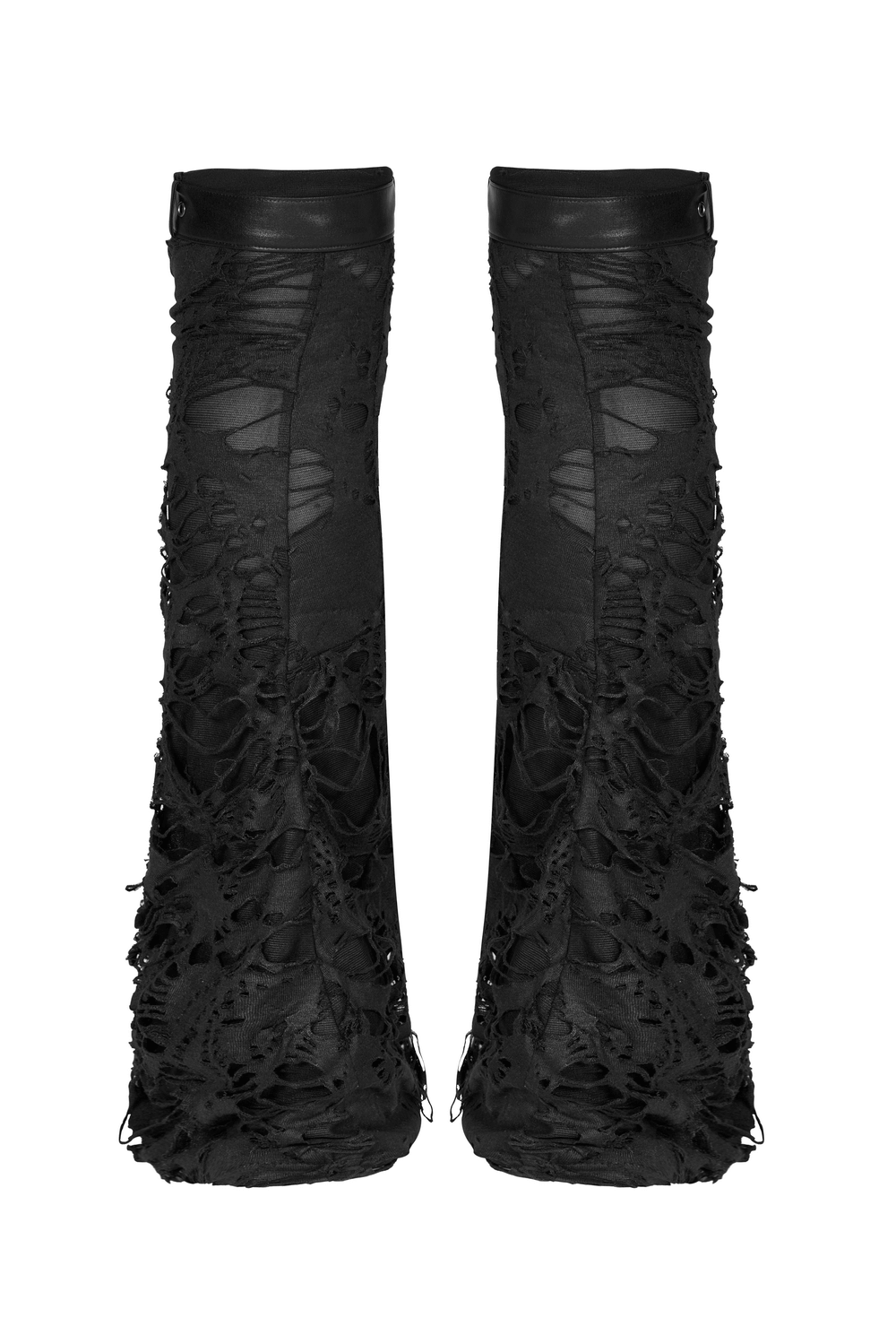 Women's gothic ripped strappy long leg warmers in black, featuring a shredded design and adjustable closures.