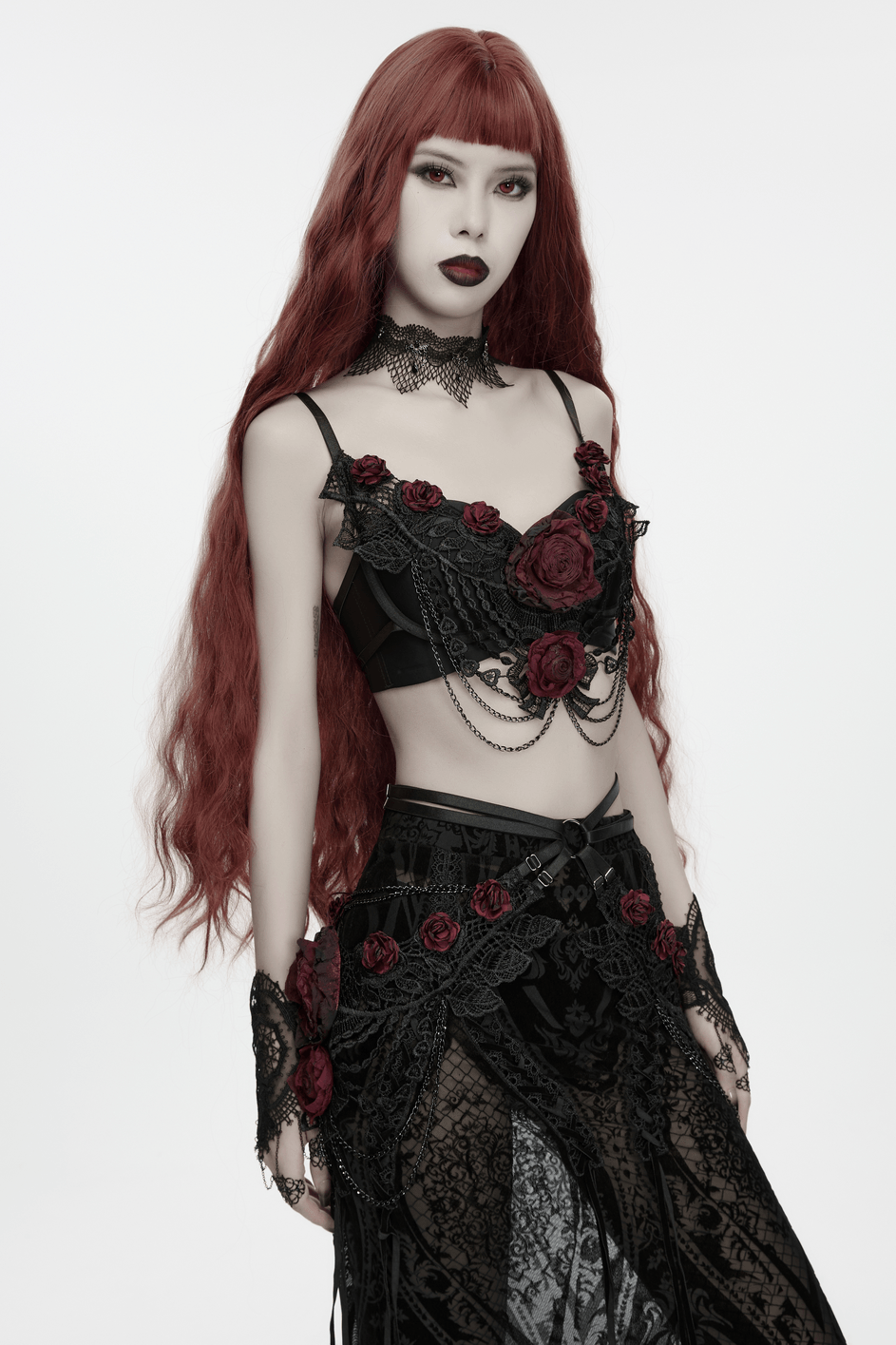 Women's Gothic Rose Lace Bralette with Chain Drapes