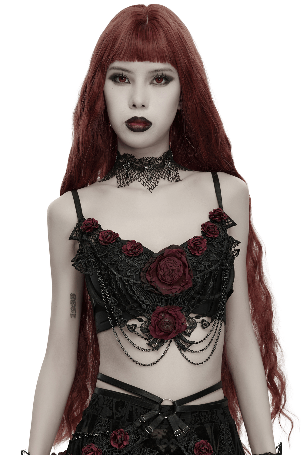 Women's Gothic Rose Lace Bralette with Chain Drapes