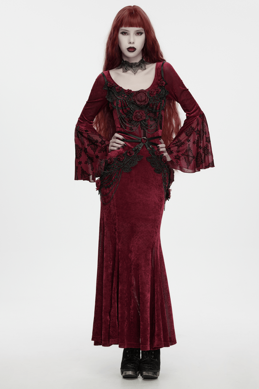 Women's Gothic Rose Lace Bralette with Chain Drapes model wearing a dramatic red velvet dress with floral accents.