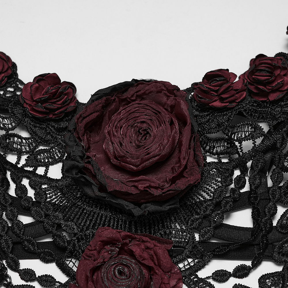 Women's Gothic Rose Lace Bralette with Chain Drapes featuring intricate lace and deep red roses for a dramatic look.
