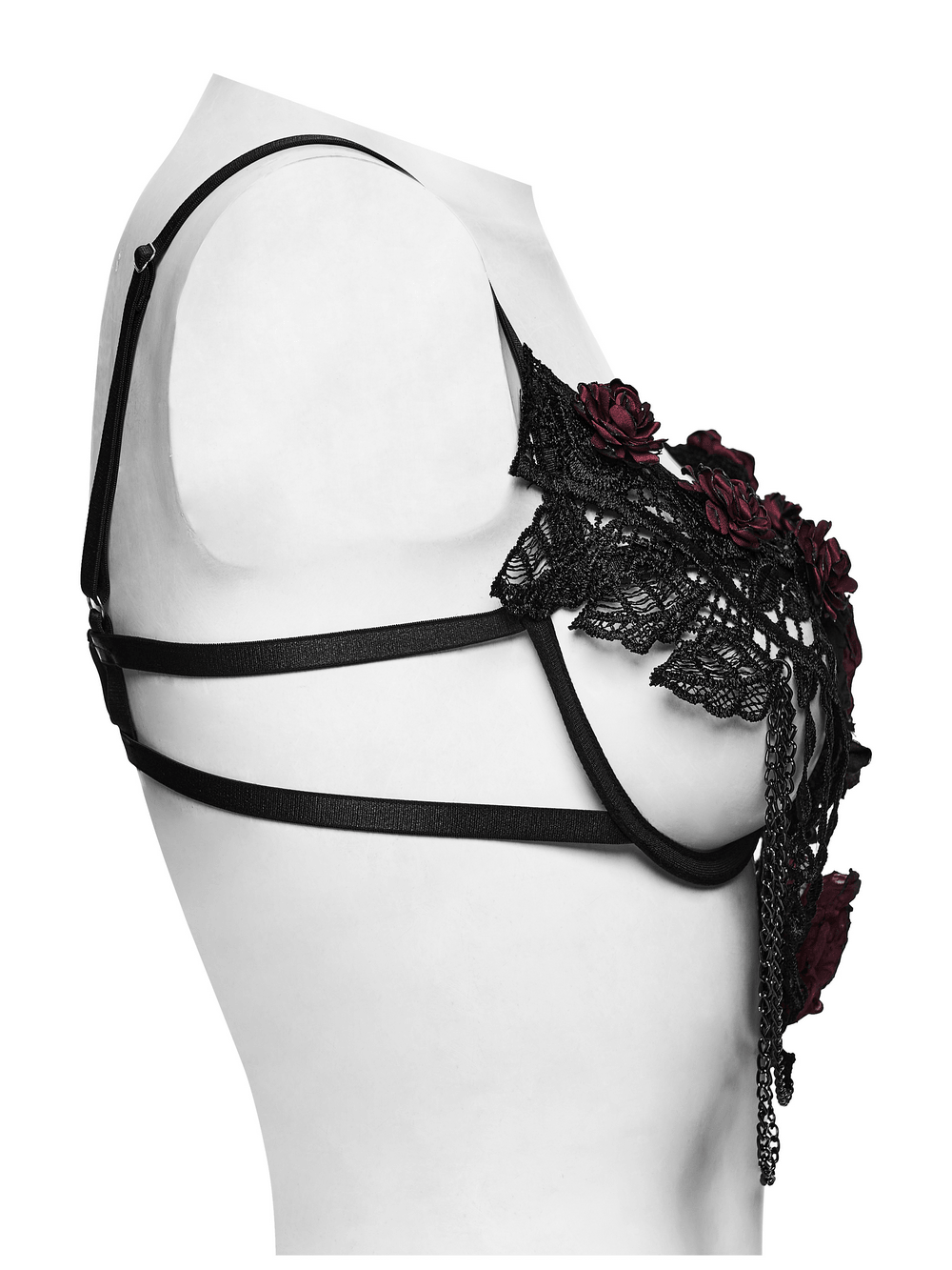 Women's Gothic Rose Lace Bralette with Chain Drapes showcasing intricate lace and rose details on a mannequin.