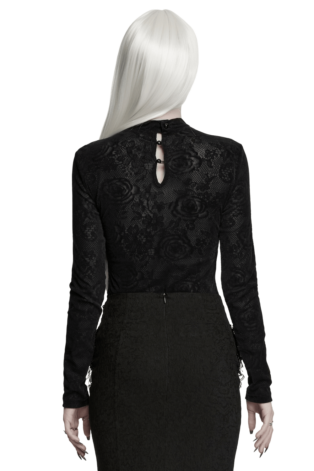 Back view of Women's Gothic Rose Lace Long-Sleeved Mesh Top showcasing intricate floral lace pattern and stylish cutout.