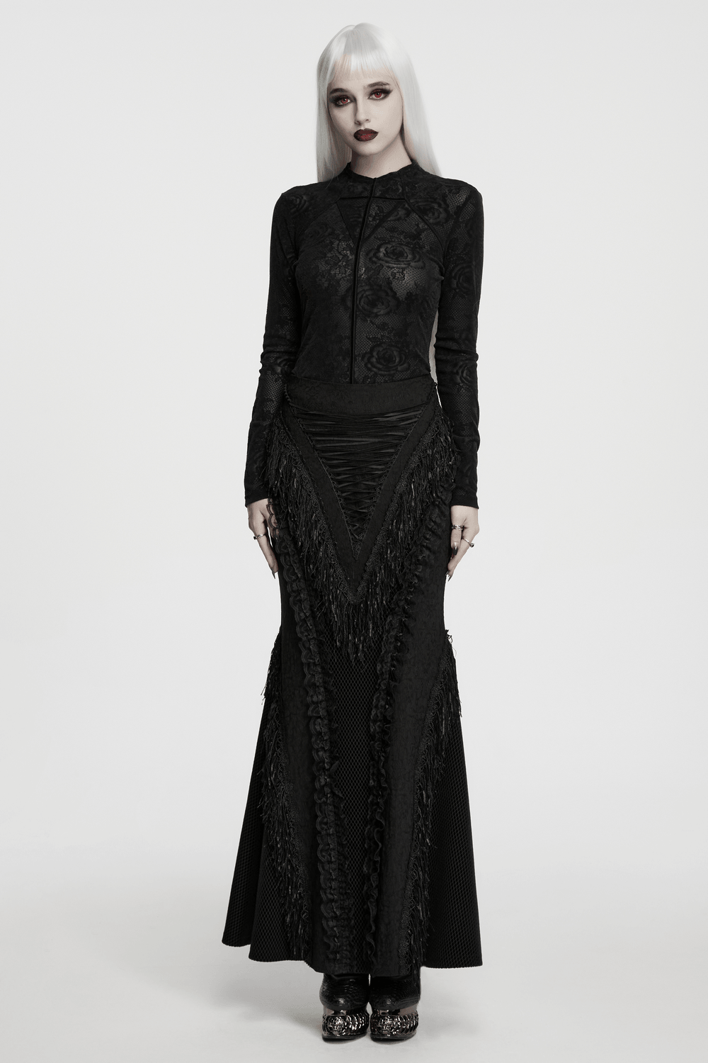 Women's Gothic Rose Lace Long-Sleeved Mesh Top styled with a dramatic black skirt, perfect for dark romantic vibes.
